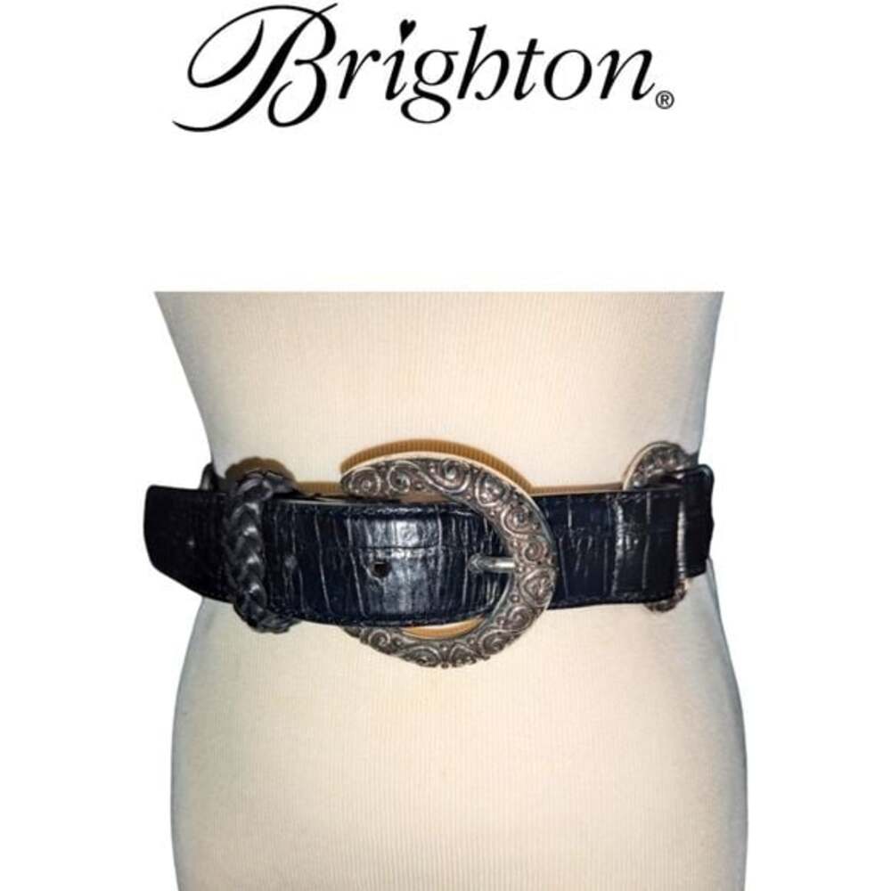 Vintage Brighton Croc Embossed Leather Braided Rope Black leather Belt Cowgirl